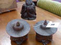 Three Japanese carved hardwood figures, two with wide brimmed hats