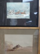 Early 19th Century English School. A snowbound coach and four, watercolour together with a coastal