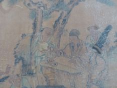 An Oriental watercolour and ink wash painting on silk (laid down) of a scholar and attendants