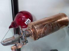 A vintage "Petrolex" copper fire extinguisher and a Gass fire grenade
