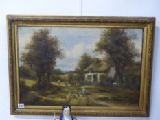 A late 19th.C.English School. A thatched cottage by a lane, signed oil on canvas