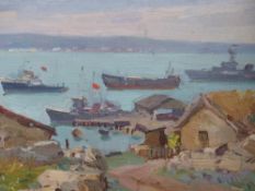 20th Century Russian School. harbour view. Oil on board. Signed illegibly
