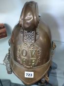 A Victorian brass Merry Weather fireman's helmet with badge of Oxford Volunteer Fire Brigade