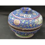 A Chinese enamel covered footed bowl. Panels of animals and birds surrounded by flower filled blue