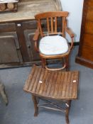 An antique bamboo stool together with a bentwood child's highchair