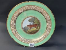 A 19th Century Derby cabinet plate, apple green and gilt border with central medallion of a leopard