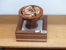 A Linley treen bowl, three eggs and an inlaid stand