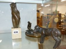 Three 20th Century bronze figures. A calf, a Nymph and a marble mounted abstract figure