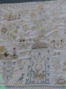 An early 19th Century needlework sampler decorated with ships flowers and animals. Dated 1824.