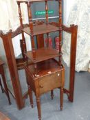 A Victorian mahogany three tier what not together with a mahogany bedside cabinet