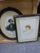 A 19th.C. watercolour portrait of a society beauty and a portrait of an Italian gentleman, both