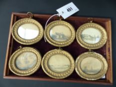 Mid 19th Century English school. Six miniature oval topographical drawings. Uniform gilt frames