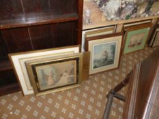 A group of antique and later decorative figural prints, all hand coloured