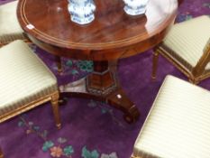 A William IV rosewood and brass strung small center table on shaped platform base