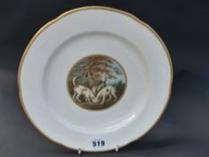 A 19th Century Derby cabinet plate, gilt rim, central medallion of three fox hounds