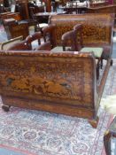 A19th.c. walnut and pine Dutch marquetry inlaid sleigh form double bed