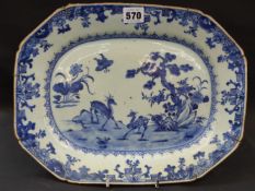 A Chinese export blue and white octagonal platter with deer decoration