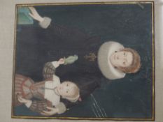 A finely painted miniature portrait of a mother and child in 17th Century style dress