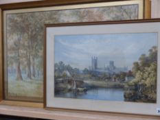 An English 19th.C. topographical watercolour of a cathedral town and a scene of a shepherd in