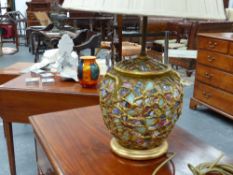 An unusual pair of mosaic decorated table lamps together with a Poole pottery vase, three