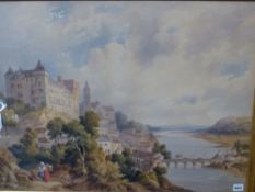 A. Callcott (19th Century English School). Rhineland scene with foreground figures. Watercolour