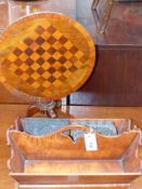 A Victorian miniature inlaid tilt top game table, a tiger maple cutlery tray and two textile