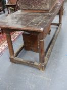 A 17th.C. and later Oak tall refectory table with peripheral stretcher