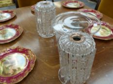 An antique glass tazza and a pair of cut glass table lustres