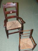 A 19th.C.child's rocking chair and a spindle turned child's chair with rush seat