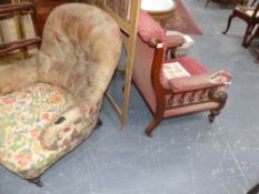 A Victorian button back armchair together with a Victorian show frame oak large armchair