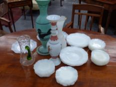 A part service of antique opalline glass dinner and tea plates, three vases and a ewer