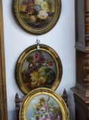 Four Victorian School oval reverse paintings on glass, floral and fruit still lives