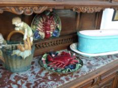 A Victorian Minton Majolica jardiniere and under tray, two Portugese Palissy style sea creature