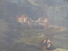 Old master oil painting of a Italianate landscape with figures. Oil on canvas, carved giltwood