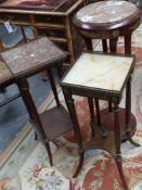 A continental mahogany marble topped circular jardiniere stand together with two similar square form