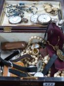 A Victorian jewellery box, various pocket and wristwatches, jewellery,etc