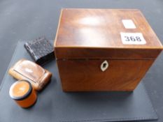 An inlaid mahogany late Georgian tea caddy and three treen small boxes