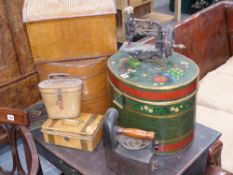 A collection of tole decorated hat boxes and other tins,etc