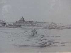 19th Century English School. Roman Vista drawing, on tinted paper