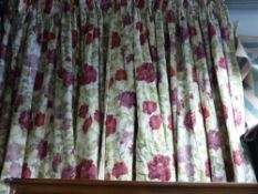 A pair of floral pattern inter lined drapes, a green pattern pair, another pair of striped green