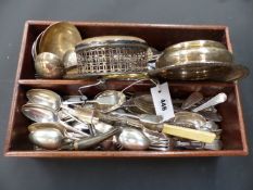 A Georgian mahogany cutlery tray with brass handle containing various flatware, serving pieces and