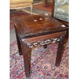 A Chinese carved hardwood square tabouret with pierced fruit apron