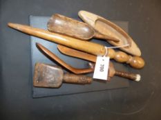 Six treen implements some with initials and decoration