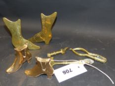 Seven small brass implements and ornaments, two pairs of ladies boots, etc