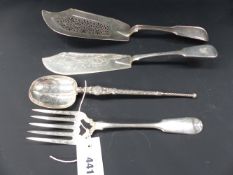 A pair of Antique hallmarked silver fish servers each with armorial crest, another pierced blade