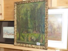 An early 20th.C. park scene oil on board and four pastel works of the same period by different