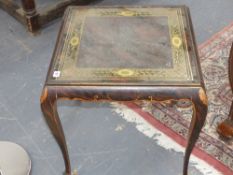 An antique paint decorated side table with eglomise decorated glass top together with a similar