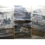 Ten vintage silkscreen wallpaper panels with landscape views, apparently views of Kew Gardens