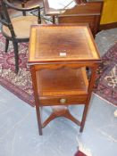 A Regency mahogany and satinwood banded three tier washbowl stand