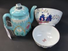 A Wedgwood Majolica coffee pot with floral decoration and two pearlware deep bowls with polychrome